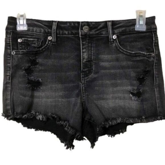 True Craft‎ High Rise Button Fly Denim Side Slit Festival Shorts Black Size 5 - Picture 1 of 7